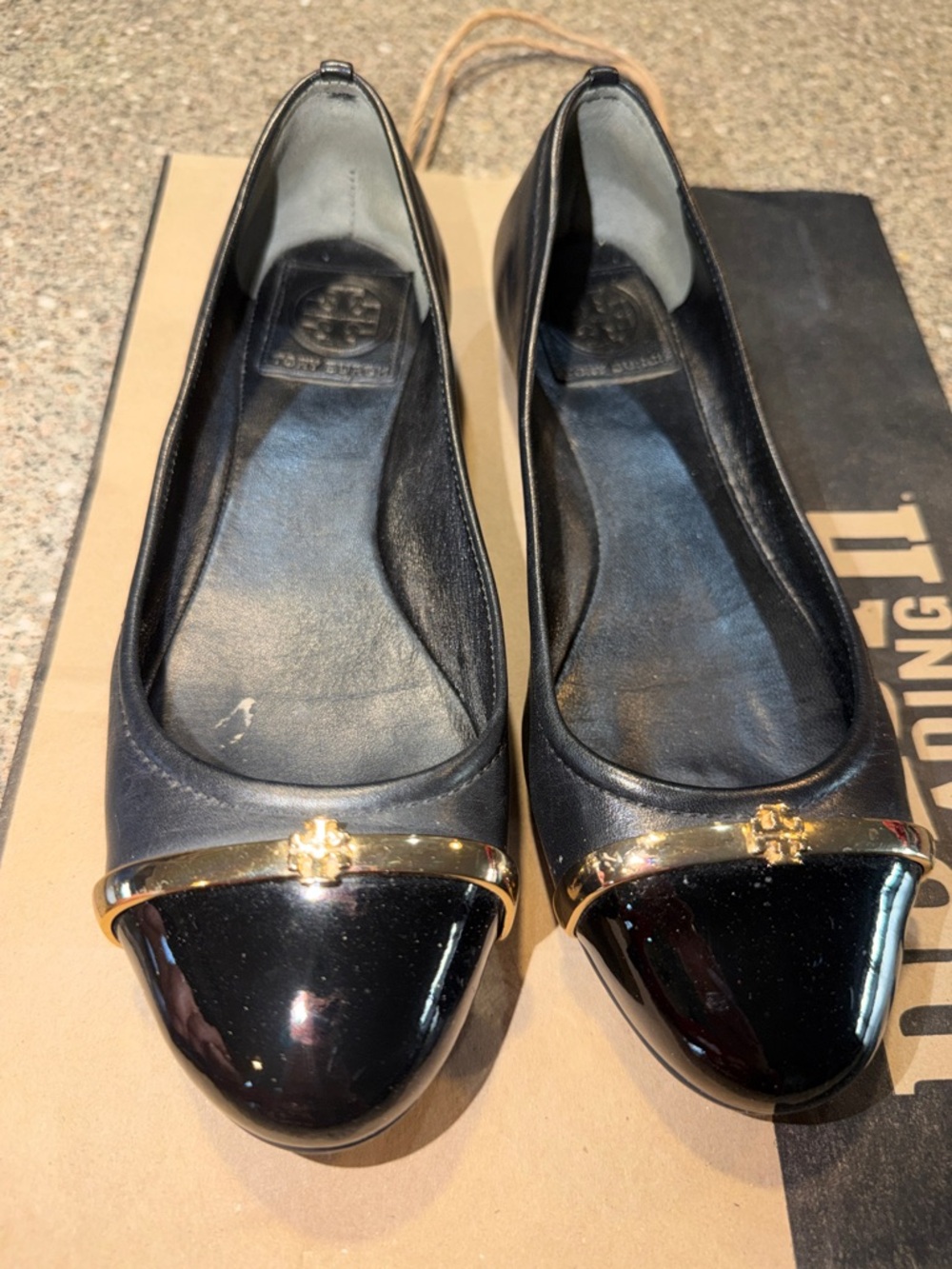 Tory Burch Pacey Black Leather Ballet Flats with Gold Cap-Toe Bar